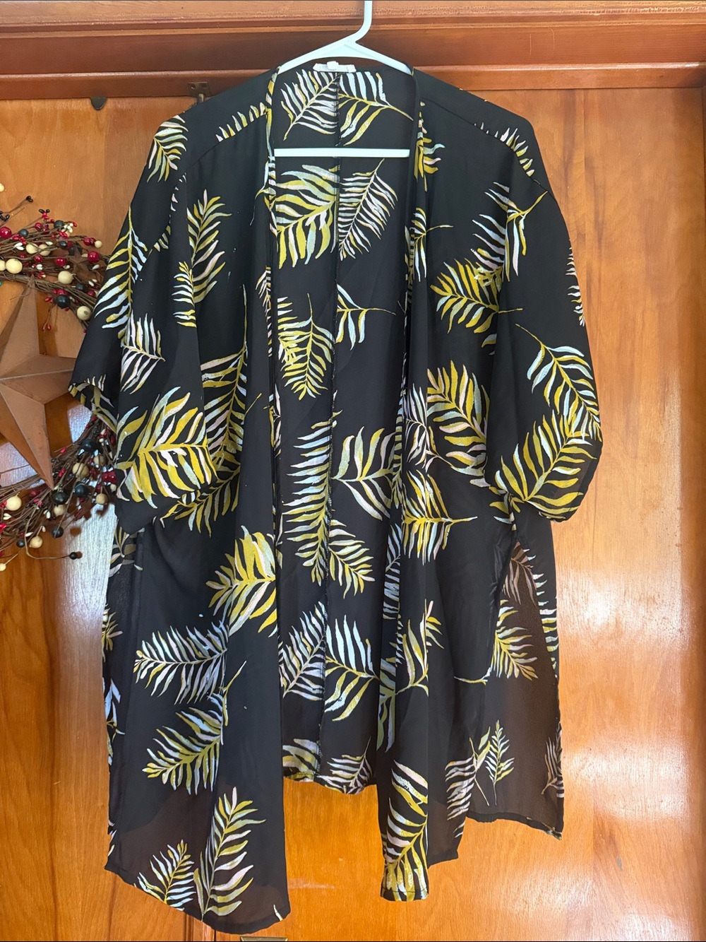 Maurices Black Kimono with Yellow and White Leaf Print